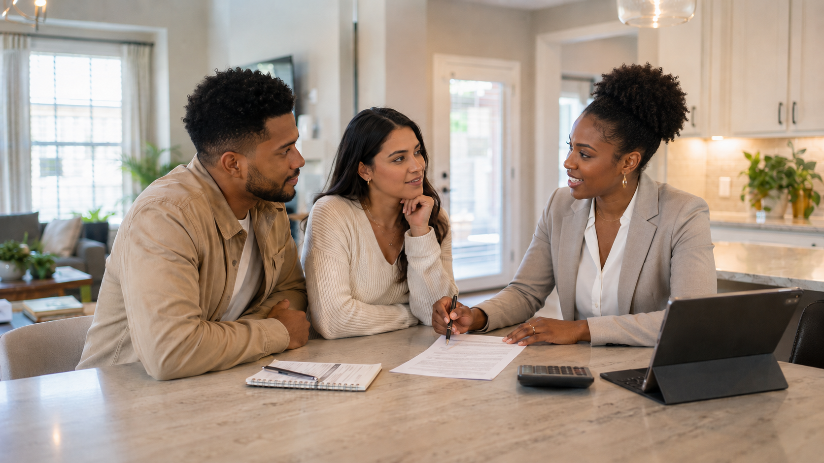 First-time homebuyers reviewing an offer with a Houston real estate agent in the 2026 housing market