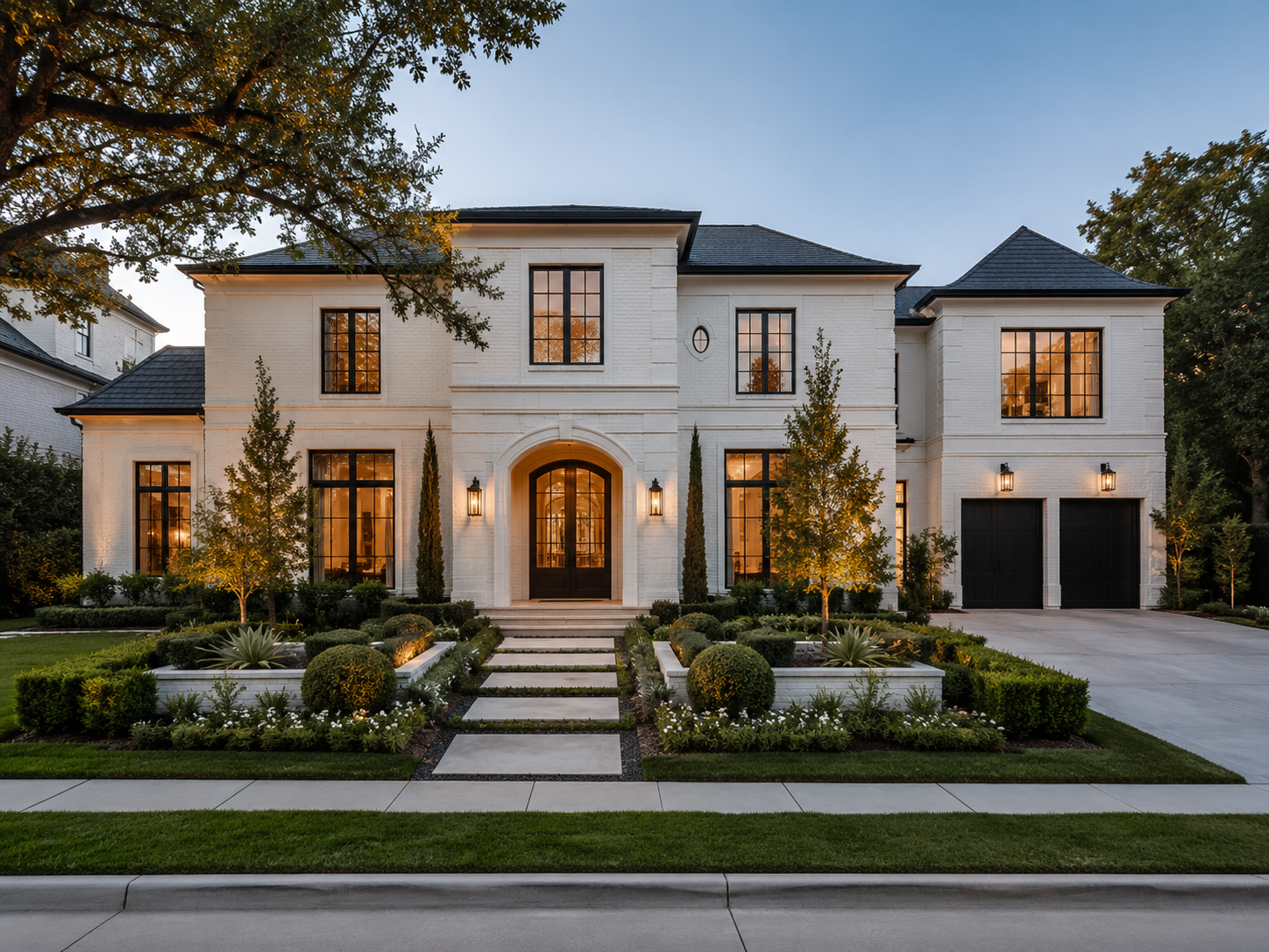 Beautiful Houston Texas home exterior with lush green landscaping and modern architecture
